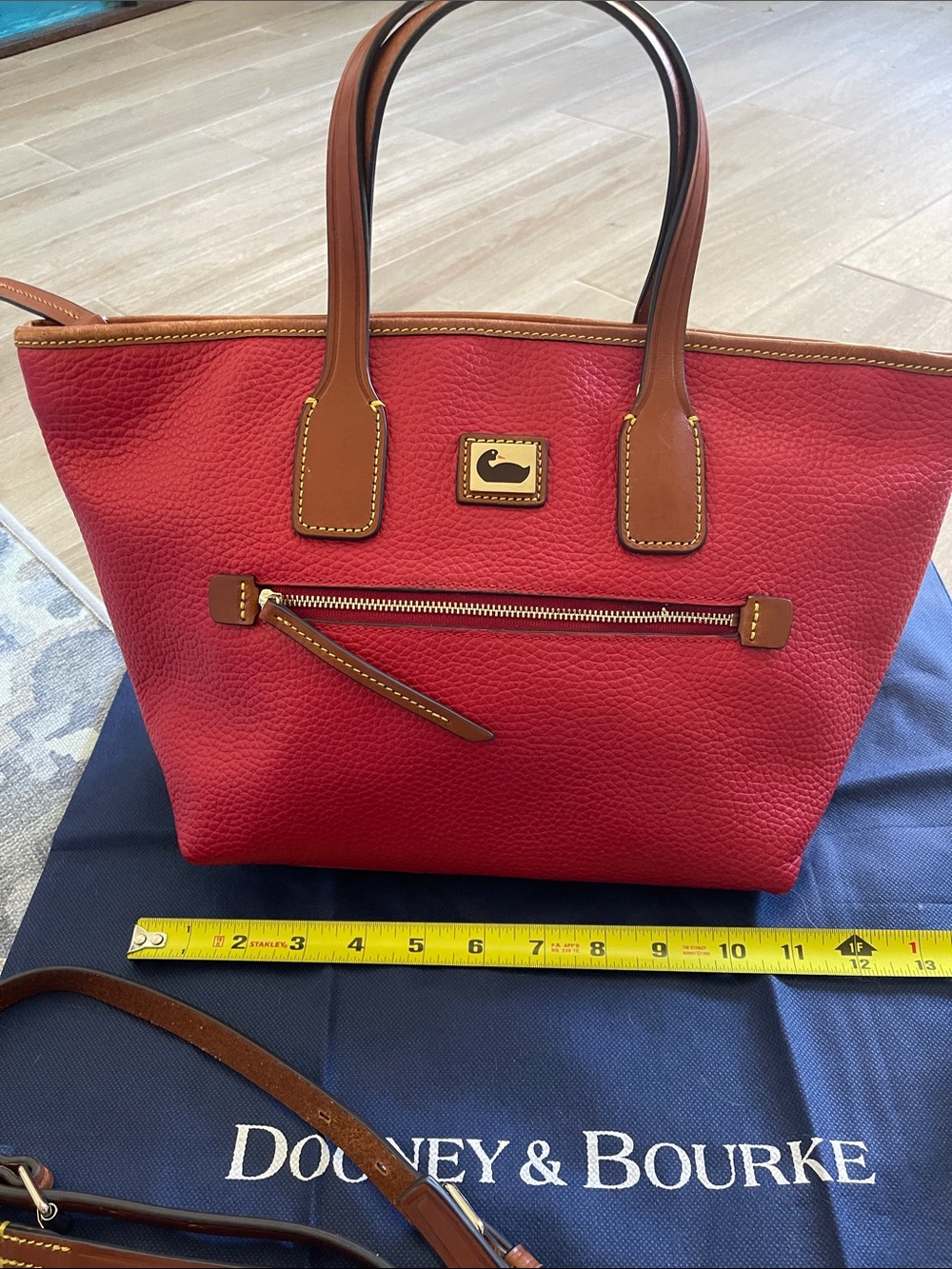 Dooney & Bourke Red Pebbled Leather Tote with Tan Trim and Front Zip